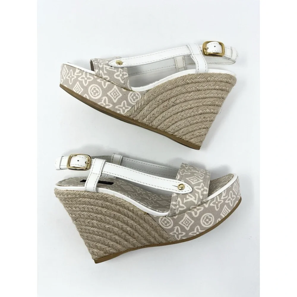 Louis Vuitton Beige Denim Logo Monogram Flat Platform Espadrilles Sandals 37.5